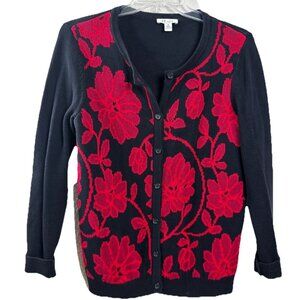 The Tog Shop Medium Bold Floral Red & Black Button-Up Cardigan Sweater GUC